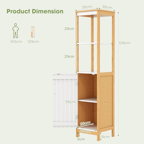 COSTWAY Bathroom Tall Cabinet, Freestanding Storage Cupboard with Open/Adjustable Shelves and Door, Bamboo Narrow Slim Bathroom Floor Cabinet Unit for Living Room Hallway, 30x30x129cm, Natural+White 3 COSTWAY Bathroom Tall Cabinet, Freestanding Storage Cupboard with Open/Adjustable Shelves and Door, Bamboo Narrow Slim Bathroom Floor Cabinet Unit for Living Room Hallway, 30x30x129cm, Natural+White - Image 3