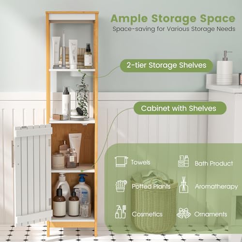 COSTWAY Bathroom Tall Cabinet, Freestanding Storage Cupboard with Open/Adjustable Shelves and Door, Bamboo Narrow Slim Bathroom Floor Cabinet Unit for Living Room Hallway, 30x30x129cm, Natural+White 4 COSTWAY Bathroom Tall Cabinet, Freestanding Storage Cupboard with Open/Adjustable Shelves and Door, Bamboo Narrow Slim Bathroom Floor Cabinet Unit for Living Room Hallway, 30x30x129cm, Natural+White - Image 4