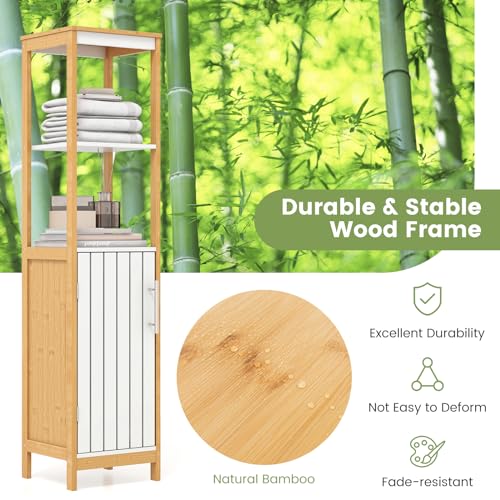 COSTWAY Bathroom Tall Cabinet, Freestanding Storage Cupboard with Open/Adjustable Shelves and Door, Bamboo Narrow Slim Bathroom Floor Cabinet Unit for Living Room Hallway, 30x30x129cm, Natural+White 5 COSTWAY Bathroom Tall Cabinet, Freestanding Storage Cupboard with Open/Adjustable Shelves and Door, Bamboo Narrow Slim Bathroom Floor Cabinet Unit for Living Room Hallway, 30x30x129cm, Natural+White - Image 5