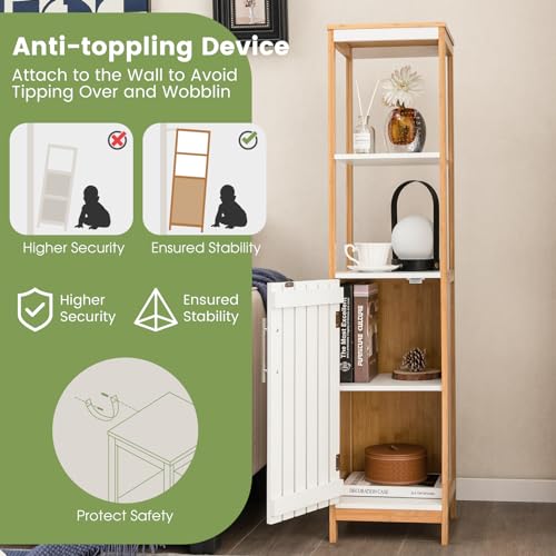COSTWAY Bathroom Tall Cabinet, Freestanding Storage Cupboard with Open/Adjustable Shelves and Door, Bamboo Narrow Slim Bathroom Floor Cabinet Unit for Living Room Hallway, 30x30x129cm, Natural+White 6 COSTWAY Bathroom Tall Cabinet, Freestanding Storage Cupboard with Open/Adjustable Shelves and Door, Bamboo Narrow Slim Bathroom Floor Cabinet Unit for Living Room Hallway, 30x30x129cm, Natural+White - Image 6