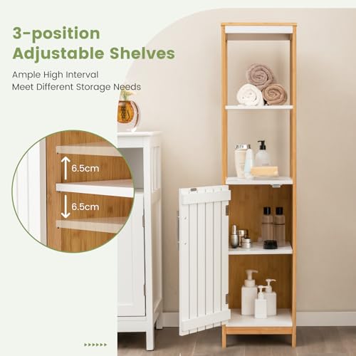 COSTWAY Bathroom Tall Cabinet, Freestanding Storage Cupboard with Open/Adjustable Shelves and Door, Bamboo Narrow Slim Bathroom Floor Cabinet Unit for Living Room Hallway, 30x30x129cm, Natural+White 7 COSTWAY Bathroom Tall Cabinet, Freestanding Storage Cupboard with Open/Adjustable Shelves and Door, Bamboo Narrow Slim Bathroom Floor Cabinet Unit for Living Room Hallway, 30x30x129cm, Natural+White - Image 7