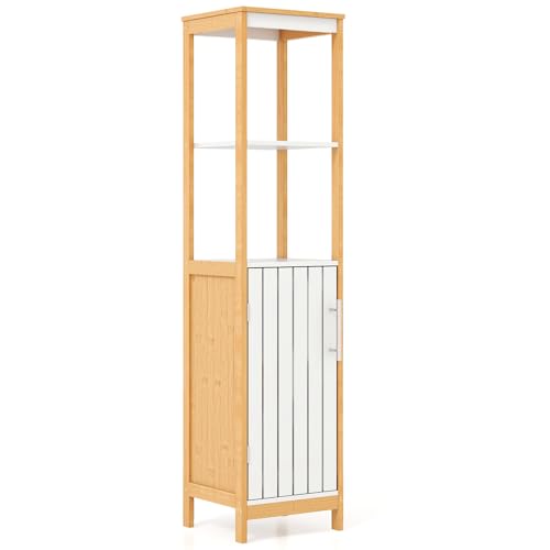 COSTWAY Bathroom Tall Cabinet, Freestanding Storage Cupboard with Open/Adjustable Shelves and Door, Bamboo Narrow Slim Bathroom Floor Cabinet Unit for Living Room Hallway, 30x30x129cm, Natural+White 1 COSTWAY Bathroom Tall Cabinet, Freestanding Storage Cupboard with Open/Adjustable Shelves and Door, Bamboo Narrow Slim Bathroom Floor Cabinet Unit for Living Room Hallway, 30x30x129cm, Natural+White