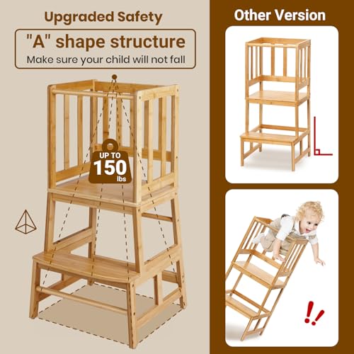 COSYLAND Kitchen Nursery Step Stool for Kids - A-shaped Solid Standing Tower for Kitchen Counter Island - Mothers' Helper Kids Learning Stool,Made of Natural Bamboo (Natural) 2 COSYLAND Kitchen Nursery Step Stool for Kids - A-shaped Solid Standing Tower for Kitchen Counter Island - Mothers' Helper Kids Learning Stool,Made of Natural Bamboo (Natural) - Image 2
