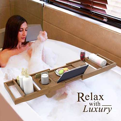 Domax Bathtub Caddy Tray Expandable Bamboo Tub Tray for Luxury Bath with Book Holder and Free Soap Dish 3 Domax Bathtub Caddy Tray Expandable Bamboo Tub Tray for Luxury Bath with Book Holder and Free Soap Dish - Image 3