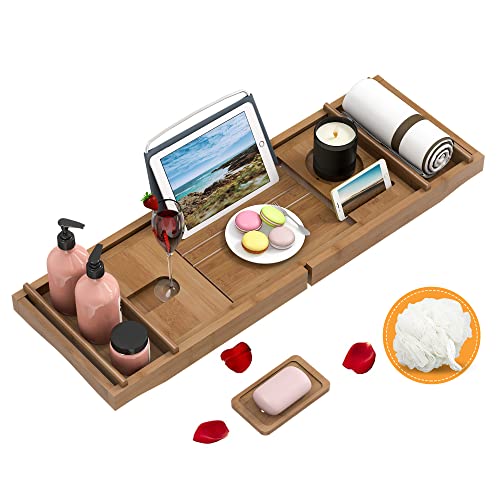 Domax Bathtub Caddy Tray Expandable Bamboo Tub Tray for Luxury Bath with Book Holder and Free Soap Dish 1 Domax Bathtub Caddy Tray Expandable Bamboo Tub Tray for Luxury Bath with Book Holder and Free Soap Dish