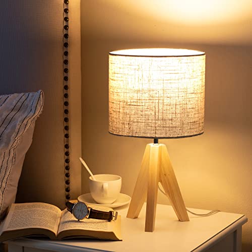 EDISHINE 36cm Wood Bedside Table Lamp, Tripod Desk Lamp with Beige Linen Lampshade, On-Off Switch, Desk Lamps for Reading, Bedroom, Living Room, Study, Office, E27 Base 3 EDISHINE 36cm Wood Bedside Table Lamp, Tripod Desk Lamp with Beige Linen Lampshade, On-Off Switch, Desk Lamps for Reading, Bedroom, Living Room, Study, Office, E27 Base - Image 3