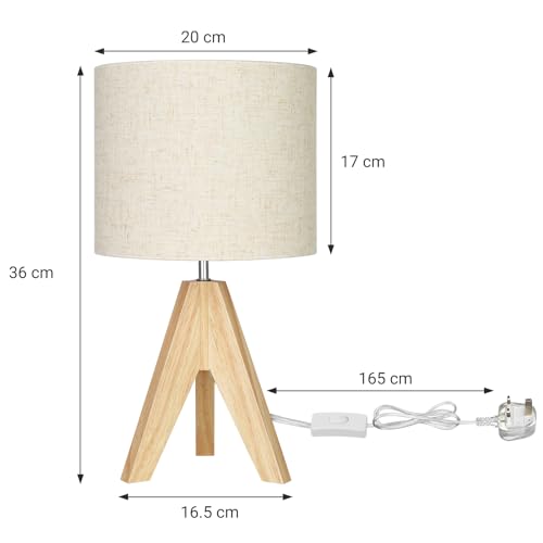EDISHINE 36cm Wood Bedside Table Lamp, Tripod Desk Lamp with Beige Linen Lampshade, On-Off Switch, Desk Lamps for Reading, Bedroom, Living Room, Study, Office, E27 Base 4 EDISHINE 36cm Wood Bedside Table Lamp, Tripod Desk Lamp with Beige Linen Lampshade, On-Off Switch, Desk Lamps for Reading, Bedroom, Living Room, Study, Office, E27 Base - Image 4