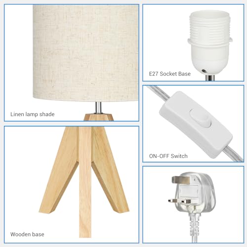EDISHINE 36cm Wood Bedside Table Lamp, Tripod Desk Lamp with Beige Linen Lampshade, On-Off Switch, Desk Lamps for Reading, Bedroom, Living Room, Study, Office, E27 Base 7 EDISHINE 36cm Wood Bedside Table Lamp, Tripod Desk Lamp with Beige Linen Lampshade, On-Off Switch, Desk Lamps for Reading, Bedroom, Living Room, Study, Office, E27 Base - Image 7