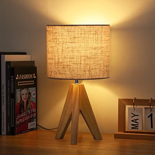 EDISHINE 36cm Wood Bedside Table Lamp, Tripod Desk Lamp with Beige Linen Lampshade, On-Off Switch, Desk Lamps for Reading, Bedroom, Living Room, Study, Office, E27 Base 2 EDISHINE 36cm Wood Bedside Table Lamp, Tripod Desk Lamp with Beige Linen Lampshade, On-Off Switch, Desk Lamps for Reading, Bedroom, Living Room, Study, Office, E27 Base - Image 2