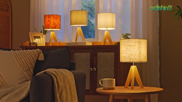 EDISHINE 36cm Wood Bedside Table Lamp, Tripod Desk Lamp with Beige Linen Lampshade, On-Off Switch, Desk Lamps for Reading, Bedroom, Living Room, Study, Office, E27 Base 1 EDISHINE 36cm Wood Bedside Table Lamp, Tripod Desk Lamp with Beige Linen Lampshade, On-Off Switch, Desk Lamps for Reading, Bedroom, Living Room, Study, Office, E27 Base