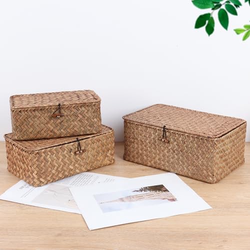 FEIALNDUO Wicker Shelf Baskets with Lid,Seagrass Storage Basket Bins Rectangular Handwoven Basket Boxes for Shelves Desktop Home Organizer (Coffee, Small) 2 FEIALNDUO Wicker Shelf Baskets with Lid,Seagrass Storage Basket Bins Rectangular Handwoven Basket Boxes for Shelves Desktop Home Organizer (Coffee, Small) - Image 2