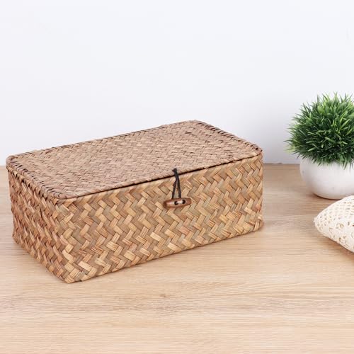 FEIALNDUO Wicker Shelf Baskets with Lid,Seagrass Storage Basket Bins Rectangular Handwoven Basket Boxes for Shelves Desktop Home Organizer (Coffee, Small) 3 FEIALNDUO Wicker Shelf Baskets with Lid,Seagrass Storage Basket Bins Rectangular Handwoven Basket Boxes for Shelves Desktop Home Organizer (Coffee, Small) - Image 3