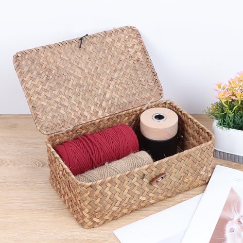 FEIALNDUO Wicker Shelf Baskets with Lid,Seagrass Storage Basket Bins Rectangular Handwoven Basket Boxes for Shelves Desktop Home Organizer (Coffee, Small) 4 FEIALNDUO Wicker Shelf Baskets with Lid,Seagrass Storage Basket Bins Rectangular Handwoven Basket Boxes for Shelves Desktop Home Organizer (Coffee, Small) - Image 4