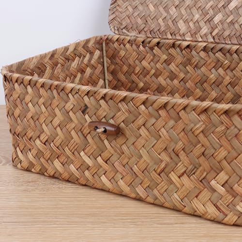 FEIALNDUO Wicker Shelf Baskets with Lid,Seagrass Storage Basket Bins Rectangular Handwoven Basket Boxes for Shelves Desktop Home Organizer (Coffee, Small) 5 FEIALNDUO Wicker Shelf Baskets with Lid,Seagrass Storage Basket Bins Rectangular Handwoven Basket Boxes for Shelves Desktop Home Organizer (Coffee, Small) - Image 5