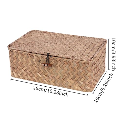 FEIALNDUO Wicker Shelf Baskets with Lid,Seagrass Storage Basket Bins Rectangular Handwoven Basket Boxes for Shelves Desktop Home Organizer (Coffee, Small) 6 FEIALNDUO Wicker Shelf Baskets with Lid,Seagrass Storage Basket Bins Rectangular Handwoven Basket Boxes for Shelves Desktop Home Organizer (Coffee, Small) - Image 6