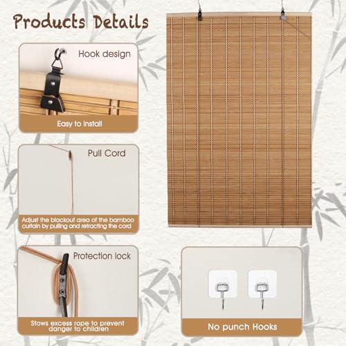 FoundGo Bamboo Blinds No Drill, Width x Height: 80X160cm Retro Roman Blinds Windows, Natural Wooden Window Decorative Curtain, Sunscreen Drape for Windows,Indoor 2 FoundGo Bamboo Blinds No Drill, Width x Height: 80X160cm Retro Roman Blinds Windows, Natural Wooden Window Decorative Curtain, Sunscreen Drape for Windows,Indoor - Image 2