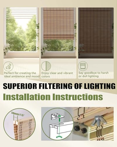 FoundGo Cordless Bamboo Blinds Width x Height 61x163cm/24"x 64", Retro Bamboo Roll Up Window Wooden Roller Curtain Light Filtering Shades for Windows,Veranda 2 FoundGo Cordless Bamboo Blinds Width x Height 61x163cm/24"x 64", Retro Bamboo Roll Up Window Wooden Roller Curtain Light Filtering Shades for Windows,Veranda - Image 2