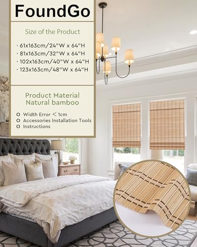 FoundGo Cordless Bamboo Blinds Width x Height 61x163cm/24"x 64", Retro Bamboo Roll Up Window Wooden Roller Curtain Light Filtering Shades for Windows,Veranda 4 FoundGo Cordless Bamboo Blinds Width x Height 61x163cm/24"x 64", Retro Bamboo Roll Up Window Wooden Roller Curtain Light Filtering Shades for Windows,Veranda - Image 4