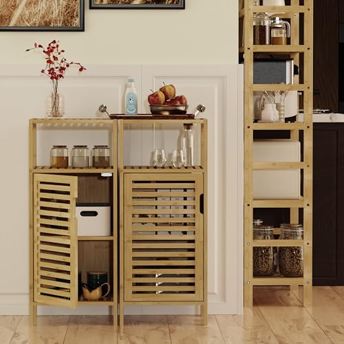 HITNET Bathroom Cabinet Freestanding, Small Bamboo Floor Cabinet, Sofa Side Table Storage Organizer, Space Saving Kitchen Cupboard for Bedroom Living Room, Natural 5 HITNET Bathroom Cabinet Freestanding, Small Bamboo Floor Cabinet, Sofa Side Table Storage Organizer, Space Saving Kitchen Cupboard for Bedroom Living Room, Natural - Image 5