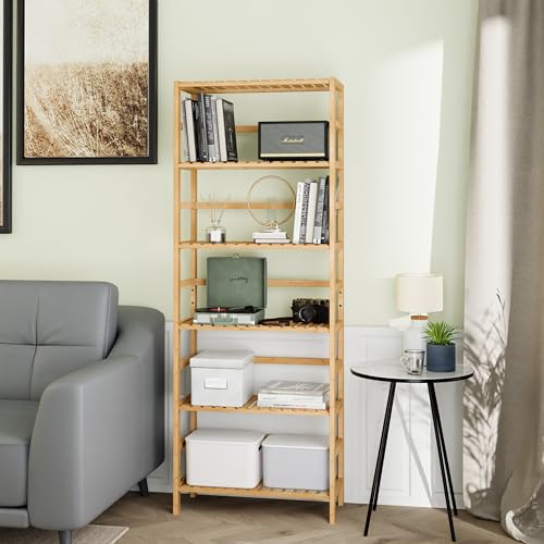 HITNET Bamboo Shelf, 6-Tier Adjustable Tall Open Bookcase, Bathroom Storage Rack Freestanding Shelving Unit, Plant Display Stand for Small Space, Natural 2 HITNET Bamboo Shelf, 6-Tier Adjustable Tall Open Bookcase, Bathroom Storage Rack Freestanding Shelving Unit, Plant Display Stand for Small Space, Natural - Image 2