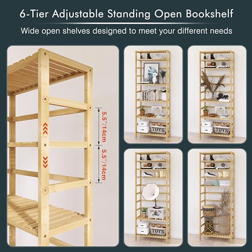 HITNET Bamboo Shelf, 6-Tier Adjustable Tall Open Bookcase, Bathroom Storage Rack Freestanding Shelving Unit, Plant Display Stand for Small Space, Natural 4 HITNET Bamboo Shelf, 6-Tier Adjustable Tall Open Bookcase, Bathroom Storage Rack Freestanding Shelving Unit, Plant Display Stand for Small Space, Natural - Image 4