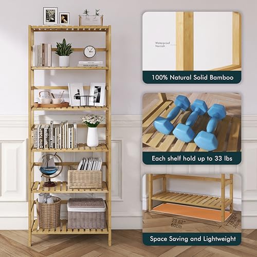 HITNET Bamboo Shelf, 6-Tier Adjustable Tall Open Bookcase, Bathroom Storage Rack Freestanding Shelving Unit, Plant Display Stand for Small Space, Natural 5 HITNET Bamboo Shelf, 6-Tier Adjustable Tall Open Bookcase, Bathroom Storage Rack Freestanding Shelving Unit, Plant Display Stand for Small Space, Natural - Image 5