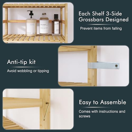 HITNET Bamboo Shelf, 6-Tier Adjustable Tall Open Bookcase, Bathroom Storage Rack Freestanding Shelving Unit, Plant Display Stand for Small Space, Natural 6 HITNET Bamboo Shelf, 6-Tier Adjustable Tall Open Bookcase, Bathroom Storage Rack Freestanding Shelving Unit, Plant Display Stand for Small Space, Natural - Image 6