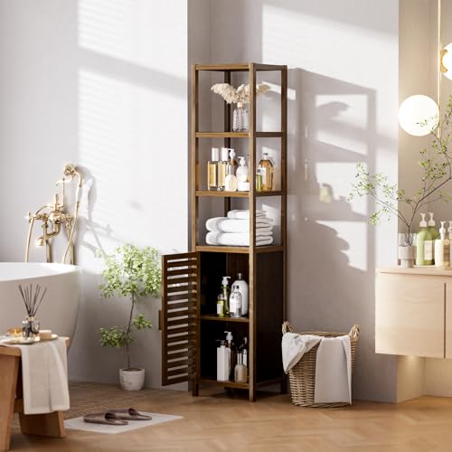 HITNET Bathroom Storage Cabinet Bamboo, Tall Narrow Space Saver Organizer Floor Standing for Kitchen, 4 Open Shelves and 1 Cupboard with Door, Walnut 2 HITNET Bathroom Storage Cabinet Bamboo, Tall Narrow Space Saver Organizer Floor Standing for Kitchen, 4 Open Shelves and 1 Cupboard with Door, Walnut - Image 2