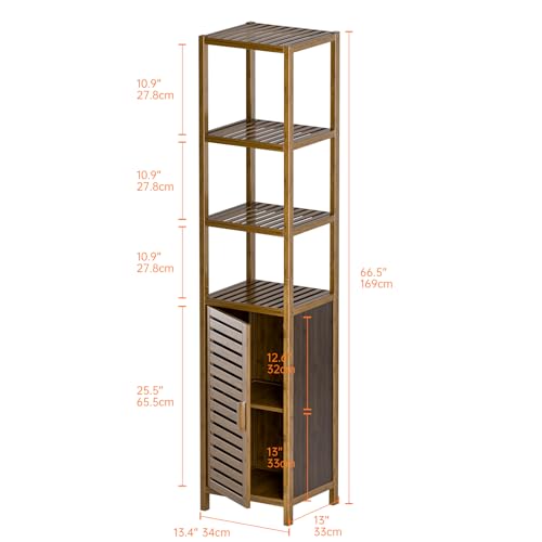HITNET Bathroom Storage Cabinet Bamboo, Tall Narrow Space Saver Organizer Floor Standing for Kitchen, 4 Open Shelves and 1 Cupboard with Door, Walnut 3 HITNET Bathroom Storage Cabinet Bamboo, Tall Narrow Space Saver Organizer Floor Standing for Kitchen, 4 Open Shelves and 1 Cupboard with Door, Walnut - Image 3