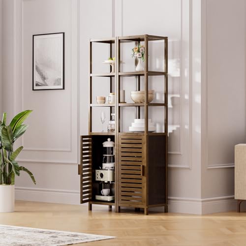 HITNET Bathroom Storage Cabinet Bamboo, Tall Narrow Space Saver Organizer Floor Standing for Kitchen, 4 Open Shelves and 1 Cupboard with Door, Walnut 4 HITNET Bathroom Storage Cabinet Bamboo, Tall Narrow Space Saver Organizer Floor Standing for Kitchen, 4 Open Shelves and 1 Cupboard with Door, Walnut - Image 4