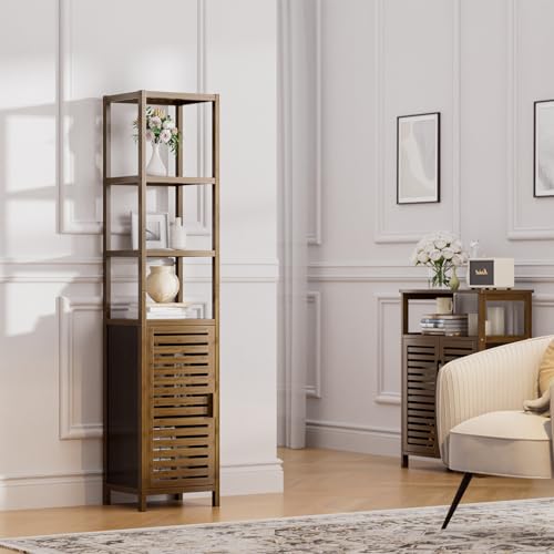 HITNET Bathroom Storage Cabinet Bamboo, Tall Narrow Space Saver Organizer Floor Standing for Kitchen, 4 Open Shelves and 1 Cupboard with Door, Walnut 5 HITNET Bathroom Storage Cabinet Bamboo, Tall Narrow Space Saver Organizer Floor Standing for Kitchen, 4 Open Shelves and 1 Cupboard with Door, Walnut - Image 5