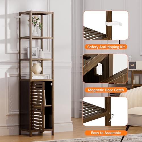 HITNET Bathroom Storage Cabinet Bamboo, Tall Narrow Space Saver Organizer Floor Standing for Kitchen, 4 Open Shelves and 1 Cupboard with Door, Walnut 6 HITNET Bathroom Storage Cabinet Bamboo, Tall Narrow Space Saver Organizer Floor Standing for Kitchen, 4 Open Shelves and 1 Cupboard with Door, Walnut - Image 6
