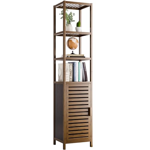HITNET Bathroom Storage Cabinet Bamboo, Tall Narrow Space Saver Organizer Floor Standing for Kitchen, 4 Open Shelves and 1 Cupboard with Door, Walnut 1 HITNET Bathroom Storage Cabinet Bamboo, Tall Narrow Space Saver Organizer Floor Standing for Kitchen, 4 Open Shelves and 1 Cupboard with Door, Walnut