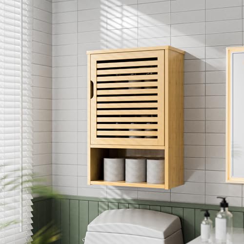 HITNET Wall Cabinet, Small Bathroom Cabinet Wall Mounted, Bamboo Hanging Medicine Storage Cupboard Over the Toilet with Adjustable Shelf for Living Room Kitchen Hallway, Natural 2 HITNET Wall Cabinet, Small Bathroom Cabinet Wall Mounted, Bamboo Hanging Medicine Storage Cupboard Over the Toilet with Adjustable Shelf for Living Room Kitchen Hallway, Natural - Image 2