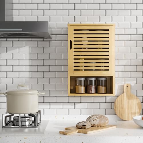 HITNET Wall Cabinet, Small Bathroom Cabinet Wall Mounted, Bamboo Hanging Medicine Storage Cupboard Over the Toilet with Adjustable Shelf for Living Room Kitchen Hallway, Natural 4 HITNET Wall Cabinet, Small Bathroom Cabinet Wall Mounted, Bamboo Hanging Medicine Storage Cupboard Over the Toilet with Adjustable Shelf for Living Room Kitchen Hallway, Natural - Image 4