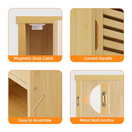 HITNET Wall Cabinet, Small Bathroom Cabinet Wall Mounted, Bamboo Hanging Medicine Storage Cupboard Over the Toilet with Adjustable Shelf for Living Room Kitchen Hallway, Natural 6 HITNET Wall Cabinet, Small Bathroom Cabinet Wall Mounted, Bamboo Hanging Medicine Storage Cupboard Over the Toilet with Adjustable Shelf for Living Room Kitchen Hallway, Natural - Image 6