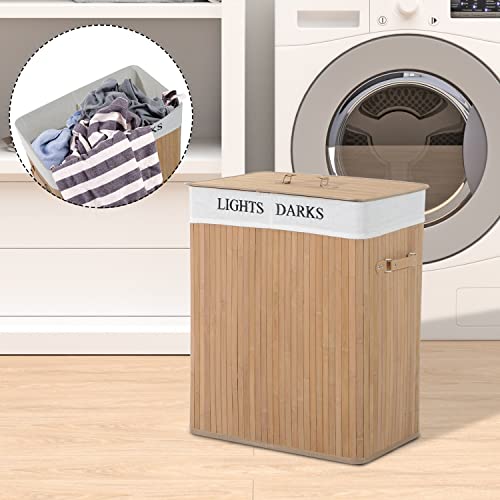 HOMCOM 100L Collapsible Natural Wood Laundry Hamper Organizer Clothes Washing Basket Bin Storage Box w/Lid Removable Lining 52x32x63cm, Wood Color 2 HOMCOM 100L Collapsible Natural Wood Laundry Hamper Organizer Clothes Washing Basket Bin Storage Box w/Lid Removable Lining 52x32x63cm, Wood Color - Image 2