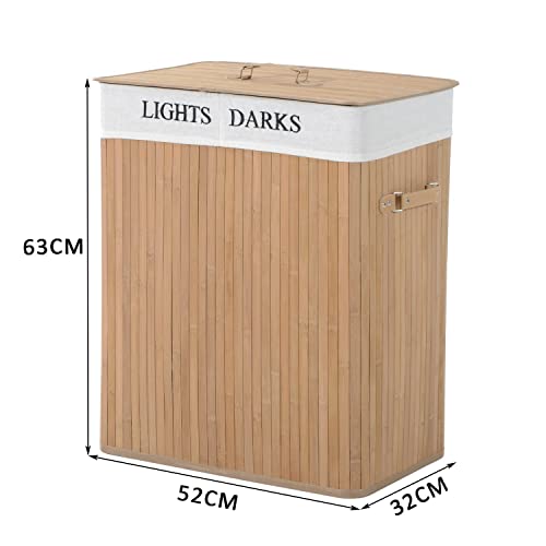 HOMCOM 100L Collapsible Natural Wood Laundry Hamper Organizer Clothes Washing Basket Bin Storage Box w/Lid Removable Lining 52x32x63cm, Wood Color 3 HOMCOM 100L Collapsible Natural Wood Laundry Hamper Organizer Clothes Washing Basket Bin Storage Box w/Lid Removable Lining 52x32x63cm, Wood Color - Image 3