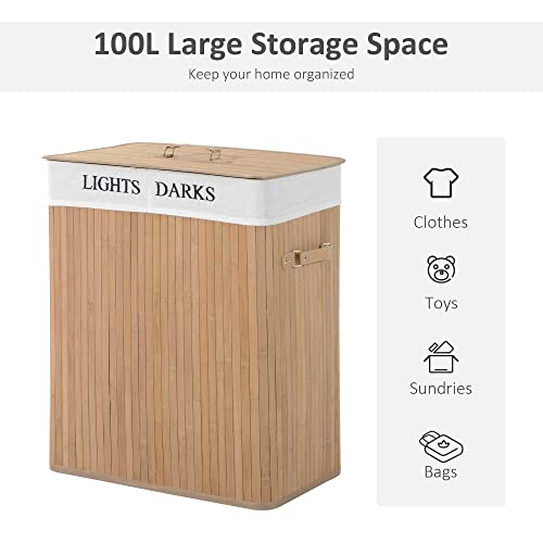 HOMCOM 100L Collapsible Natural Wood Laundry Hamper Organizer Clothes Washing Basket Bin Storage Box w/Lid Removable Lining 52x32x63cm, Wood Color 4 HOMCOM 100L Collapsible Natural Wood Laundry Hamper Organizer Clothes Washing Basket Bin Storage Box w/Lid Removable Lining 52x32x63cm, Wood Color - Image 4