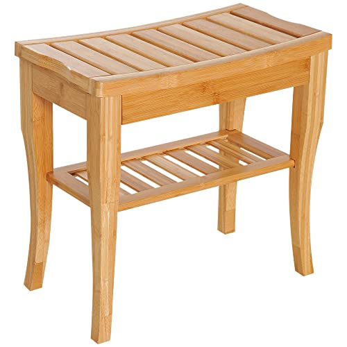 HOMCOM 45cm 2-Tier Slatted Shower Bench Storage Seat w/ 4 Legs Comfortable Safe Bathroom Stool Spa Bath Organiser 1 HOMCOM 45cm 2-Tier Slatted Shower Bench Storage Seat w/ 4 Legs Comfortable Safe Bathroom Stool Spa Bath Organiser