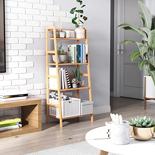 HOMCOM Bamboo Ladder Shelf, 4-Tier Bookshelf, Freestanding Bookcase for Living Room, Study, Bedroom, Home Office, 48 x 31.5 x 120cm, Natural Wood Effect 2 HOMCOM Bamboo Ladder Shelf, 4-Tier Bookshelf, Freestanding Bookcase for Living Room, Study, Bedroom, Home Office, 48 x 31.5 x 120cm, Natural Wood Effect - Image 2