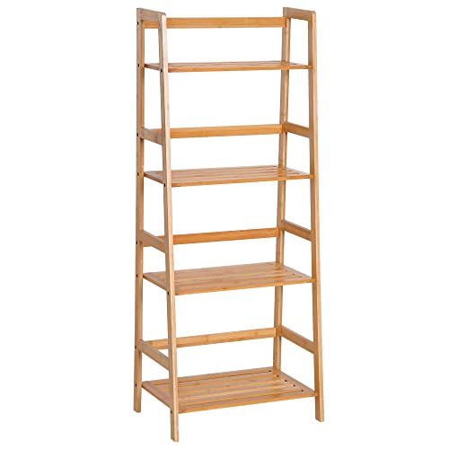 HOMCOM Bamboo Ladder Shelf, 4-Tier Bookshelf, Freestanding Bookcase for Living Room, Study, Bedroom, Home Office, 48 x 31.5 x 120cm, Natural Wood Effect 1 HOMCOM Bamboo Ladder Shelf, 4-Tier Bookshelf, Freestanding Bookcase for Living Room, Study, Bedroom, Home Office, 48 x 31.5 x 120cm, Natural Wood Effect