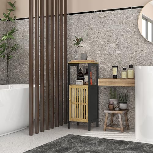 HOMCOM Slim Bathroom Storage Cabinet, Small Bamboo Bathroom Cabinet with Open Compartment and Adjustable Shelf, Black 2 HOMCOM Slim Bathroom Storage Cabinet, Small Bamboo Bathroom Cabinet with Open Compartment and Adjustable Shelf, Black - Image 2