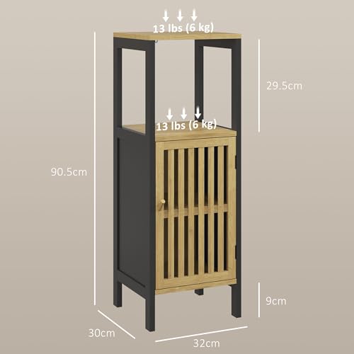HOMCOM Slim Bathroom Storage Cabinet, Small Bamboo Bathroom Cabinet with Open Compartment and Adjustable Shelf, Black 3 HOMCOM Slim Bathroom Storage Cabinet, Small Bamboo Bathroom Cabinet with Open Compartment and Adjustable Shelf, Black - Image 3