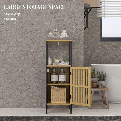 HOMCOM Slim Bathroom Storage Cabinet, Small Bamboo Bathroom Cabinet with Open Compartment and Adjustable Shelf, Black 4 HOMCOM Slim Bathroom Storage Cabinet, Small Bamboo Bathroom Cabinet with Open Compartment and Adjustable Shelf, Black - Image 4
