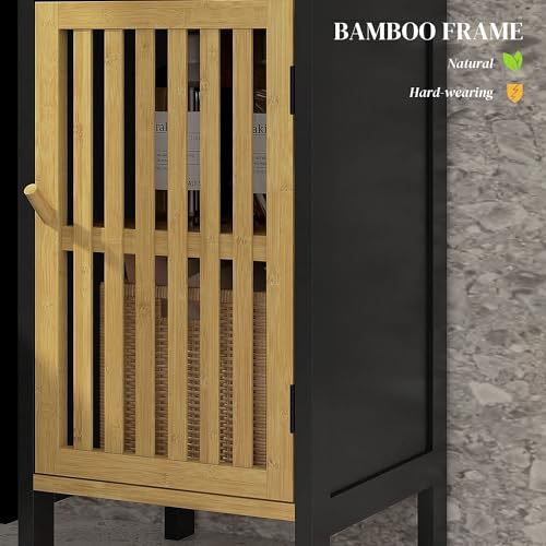 HOMCOM Slim Bathroom Storage Cabinet, Small Bamboo Bathroom Cabinet with Open Compartment and Adjustable Shelf, Black 5 HOMCOM Slim Bathroom Storage Cabinet, Small Bamboo Bathroom Cabinet with Open Compartment and Adjustable Shelf, Black - Image 5