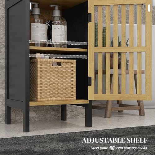 HOMCOM Slim Bathroom Storage Cabinet, Small Bamboo Bathroom Cabinet with Open Compartment and Adjustable Shelf, Black 6 HOMCOM Slim Bathroom Storage Cabinet, Small Bamboo Bathroom Cabinet with Open Compartment and Adjustable Shelf, Black - Image 6