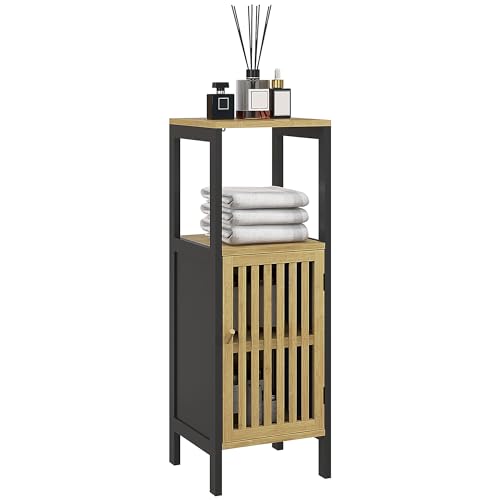 HOMCOM Slim Bathroom Storage Cabinet, Small Bamboo Bathroom Cabinet with Open Compartment and Adjustable Shelf, Black 1 HOMCOM Slim Bathroom Storage Cabinet, Small Bamboo Bathroom Cabinet with Open Compartment and Adjustable Shelf, Black