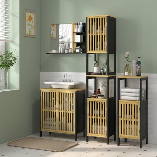 HOMCOM Tall Bathroom Storage Cabinet, Slim Bamboo Bathroom Cabinet with 2 Open Compartments, 2 Slatted Doors and Adjustable Shelves, Black 2 HOMCOM Tall Bathroom Storage Cabinet, Slim Bamboo Bathroom Cabinet with 2 Open Compartments, 2 Slatted Doors and Adjustable Shelves, Black - Image 2