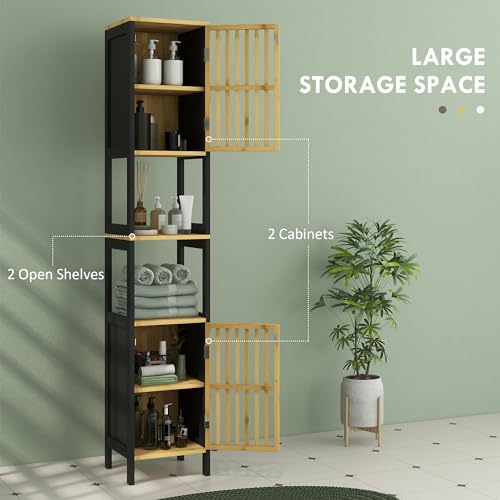 HOMCOM Tall Bathroom Storage Cabinet, Slim Bamboo Bathroom Cabinet with 2 Open Compartments, 2 Slatted Doors and Adjustable Shelves, Black 4 HOMCOM Tall Bathroom Storage Cabinet, Slim Bamboo Bathroom Cabinet with 2 Open Compartments, 2 Slatted Doors and Adjustable Shelves, Black - Image 4